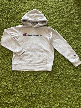 Champion Light Gray Sherpa-Lined Hoodie with Script Logo